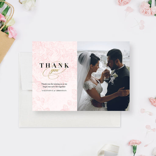 Wedding thank you photo card with blush pink floral artwork and a large photo area.