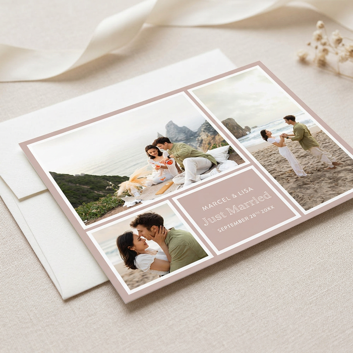 Blush pink wedding announcement close-up