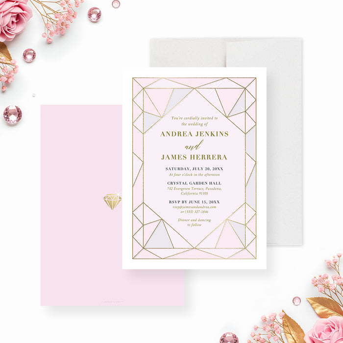 blush pink wedding invitation with jewel-inspired geometric frame, refined linework, elegant lettering, and personalized wedding details-front-back