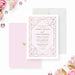 blush pink wedding invitation with jewel-inspired geometric frame, refined linework, elegant lettering, and personalized wedding details-front-back