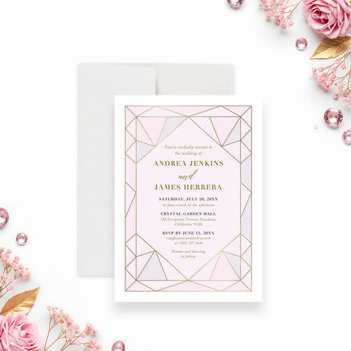 blush pink wedding invitation with jewel-inspired geometric frame, refined linework, elegant lettering, and personalized wedding details-front