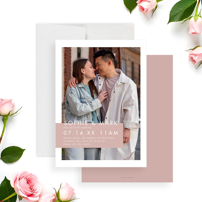 Modern blush photo wedding invitation featuring a romantic couple's portrait-front-back