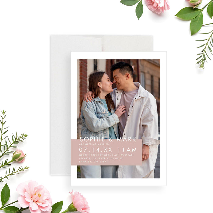 Modern blush photo wedding invitation featuring a romantic couple's portrait-front