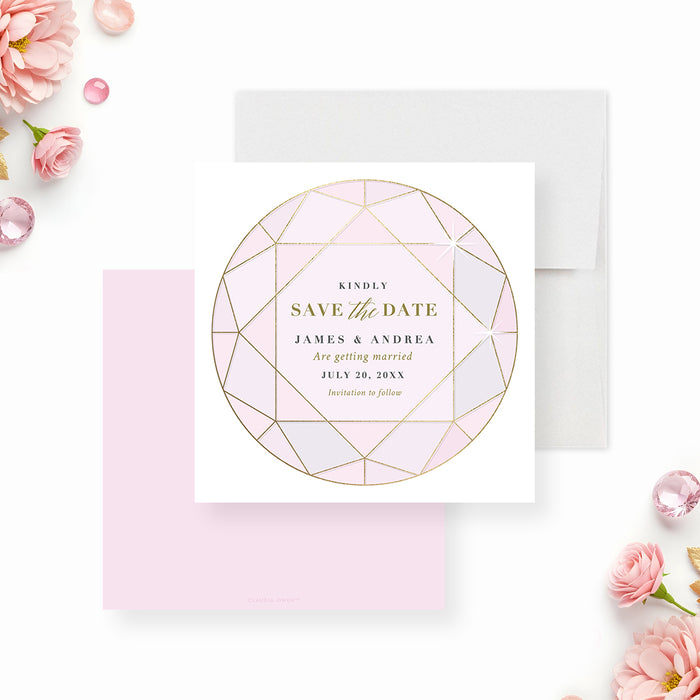 blush pink wedding save the date card with jewel-inspired geometric frame, refined linework, elegant lettering, and custom wedding details-front-back