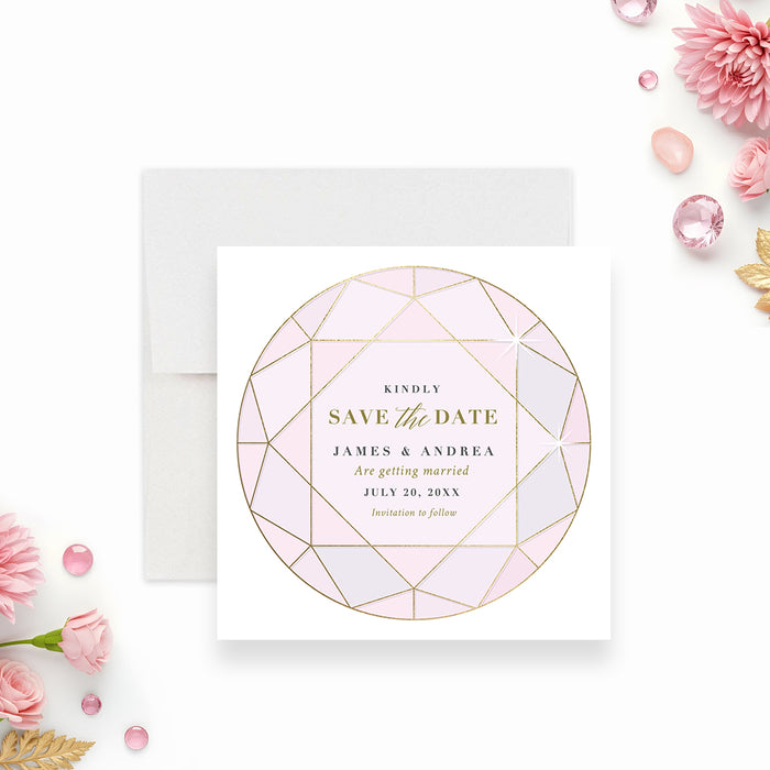 blush pink wedding save the date card with jewel-inspired geometric frame, refined linework, elegant lettering, and custom wedding details-front
