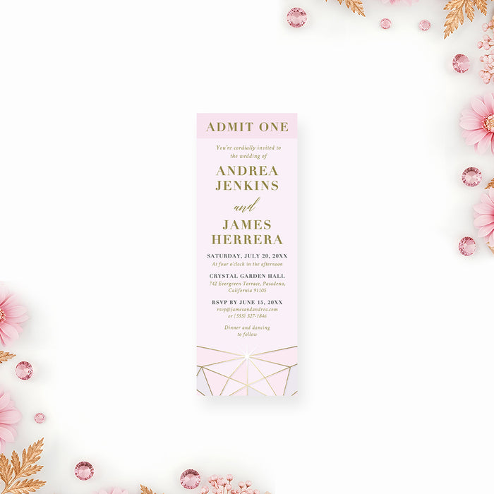 blush pink wedding ticket invitation with jewel-inspired geometric design, refined linework, elegant lettering, and personalized wedding details