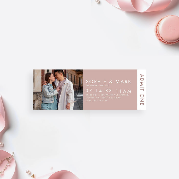 Personalized blush pink wedding ticket invitation with photo