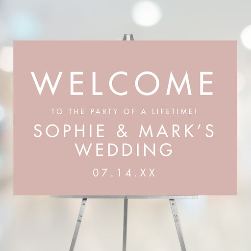 Blush pink wedding welcome sign with modern romantic design
