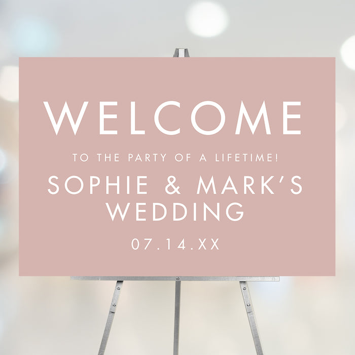 Blush pink wedding welcome sign with modern romantic design