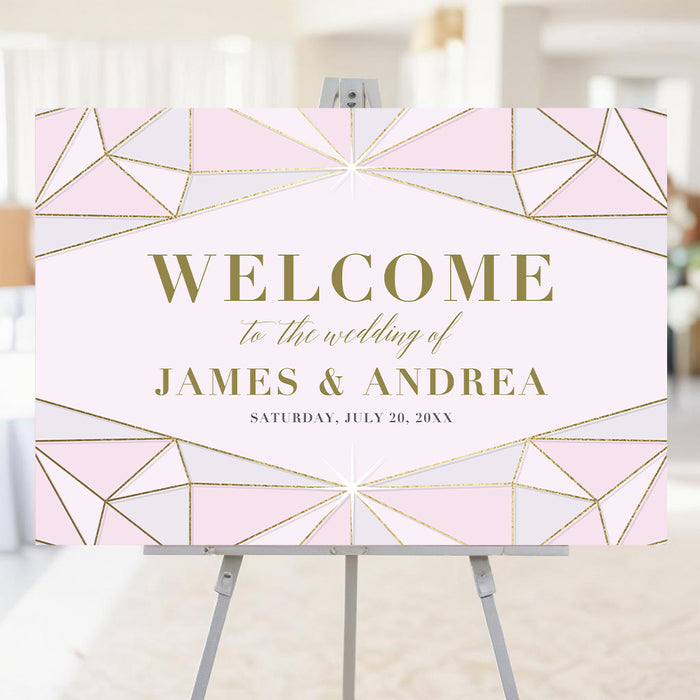 blush pink wedding welcome sign with jewel-inspired geometric frame, refined lettering, and personalized wedding details