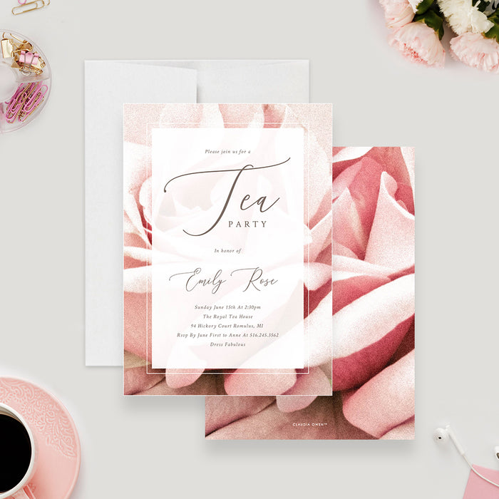 blush rose tea party invitation with soft floral background, elegant script lettering, and customizable event details-front-back