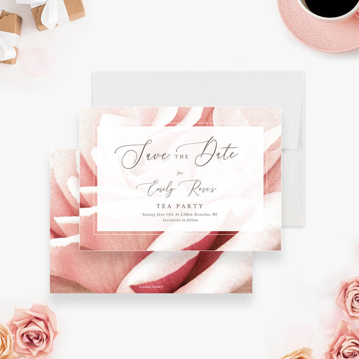 blush rose tea party save the date card with floral background, elegant script lettering, and customizable event details-front-back