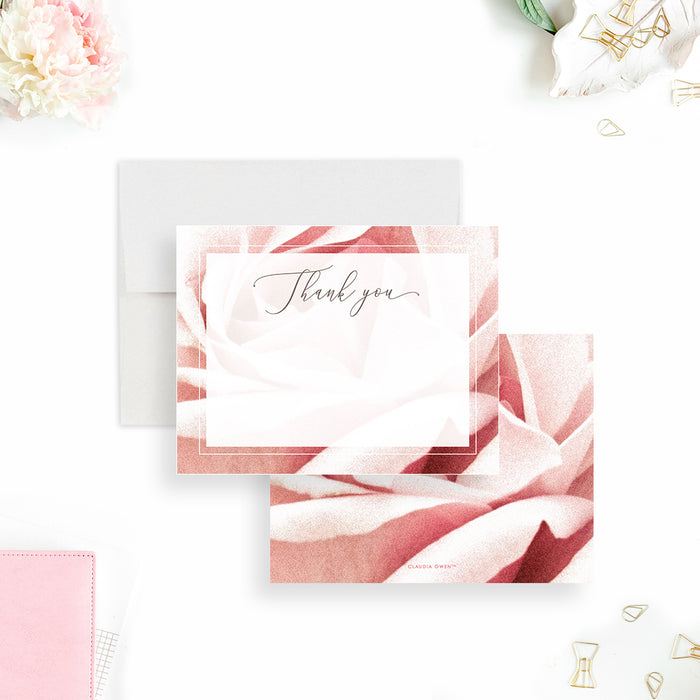 blush rose floral thank you card with elegant script lettering and blank space for a personalized note-front-back