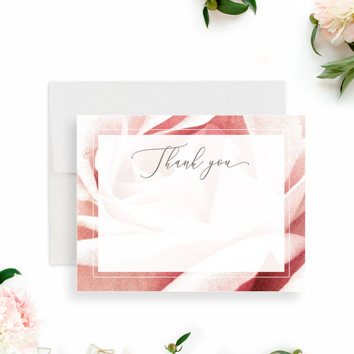 blush rose floral thank you card with elegant script lettering and blank space for a personalized note-front