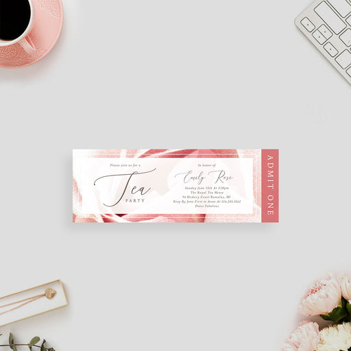 blush rose floral tea party ticket invitation with elegant script lettering and personalized event details