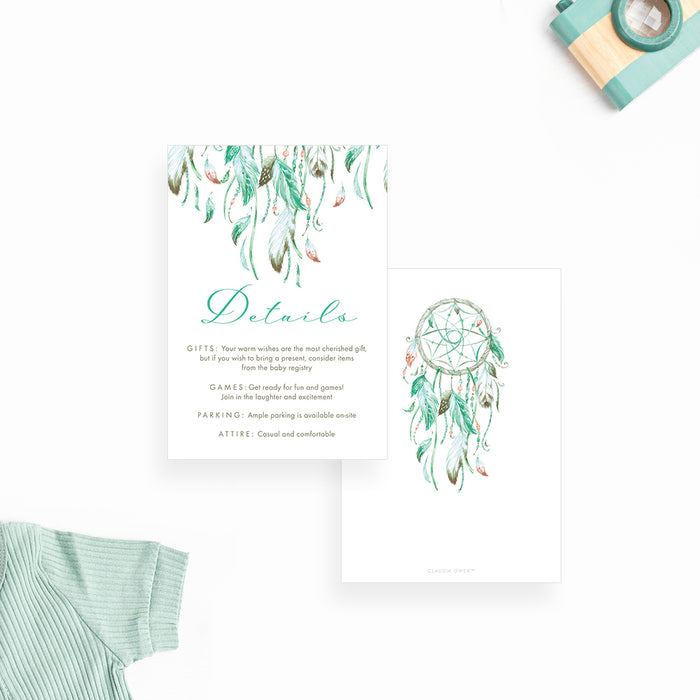 Dreamcatcher Baby Shower Invitation Card with Mint Green Tribal Feathers, Boho Baby Girl Invites, Bohemian Baby Shower Invitations