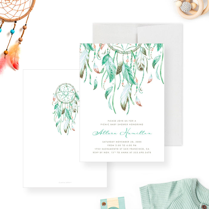 Dreamcatcher Baby Shower Invitation Card with Mint Green Tribal Feathers, Boho Baby Girl Invites, Bohemian Baby Shower Invitations