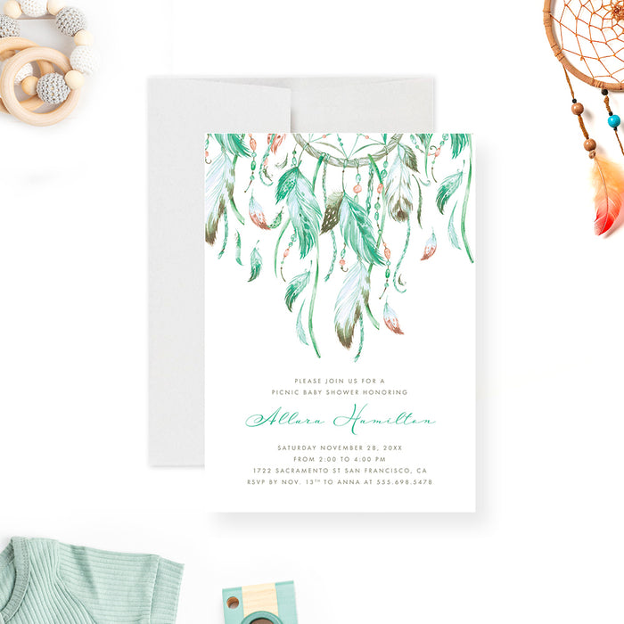 Dreamcatcher Baby Shower Invitation Card with Mint Green Tribal Feathers, Boho Baby Girl Invites, Bohemian Baby Shower Invitations