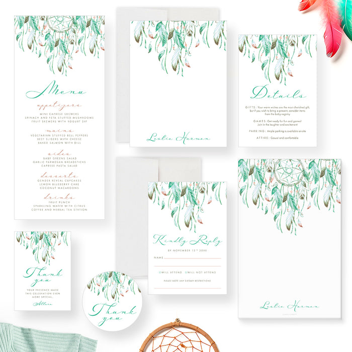 Dreamcatcher Baby Shower Invitation Card with Mint Green Tribal Feathers, Boho Baby Girl Invites, Bohemian Baby Shower Invitations