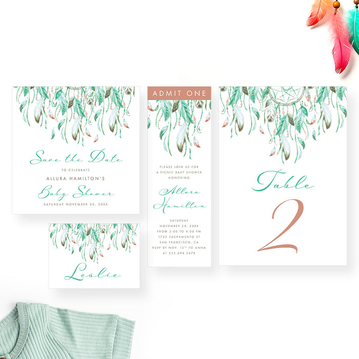 Dreamcatcher Baby Shower Invitation Card with Mint Green Tribal Feathers, Boho Baby Girl Invites, Bohemian Baby Shower Invitations