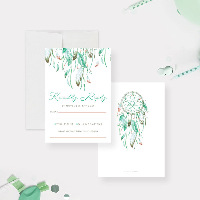 Dreamcatcher Baby Shower Invitation Card with Mint Green Tribal Feathers, Boho Baby Girl Invites, Bohemian Baby Shower Invitations