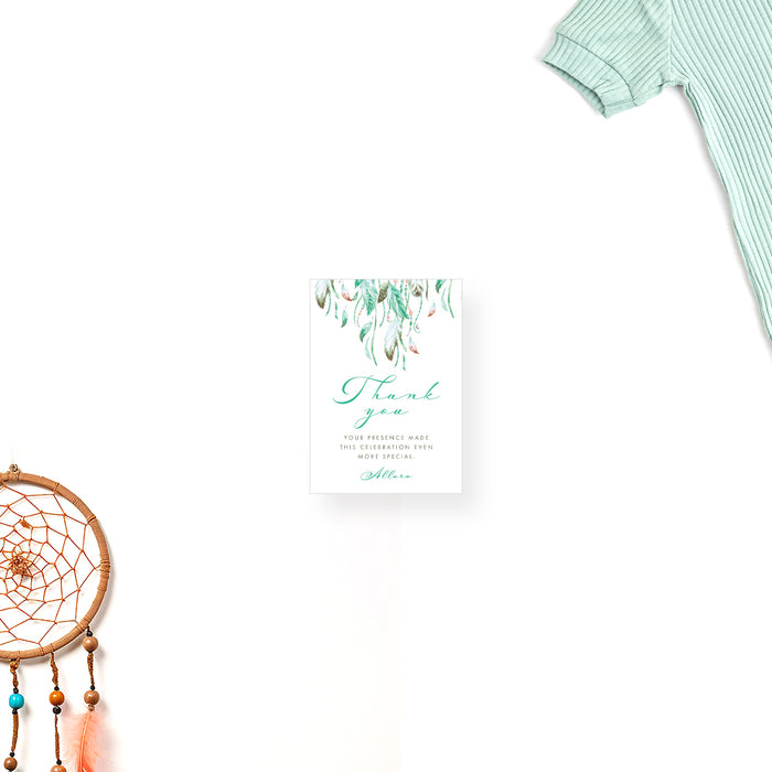 Dreamcatcher Baby Shower Invitation Card with Mint Green Tribal Feathers, Boho Baby Girl Invites, Bohemian Baby Shower Invitations