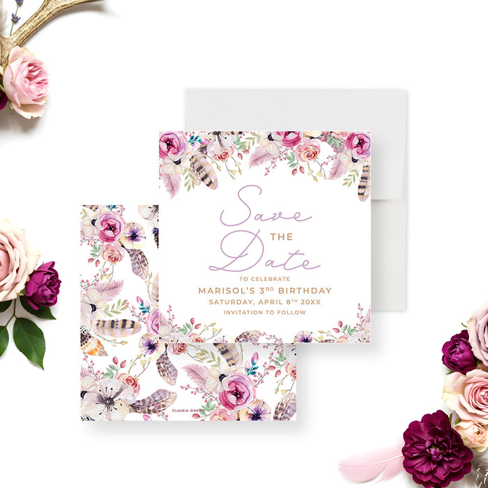 Boho floral save the date card featuring pastel flowers, feathers, and botanical elements for girls’ milestone birthday celebrations-front-back