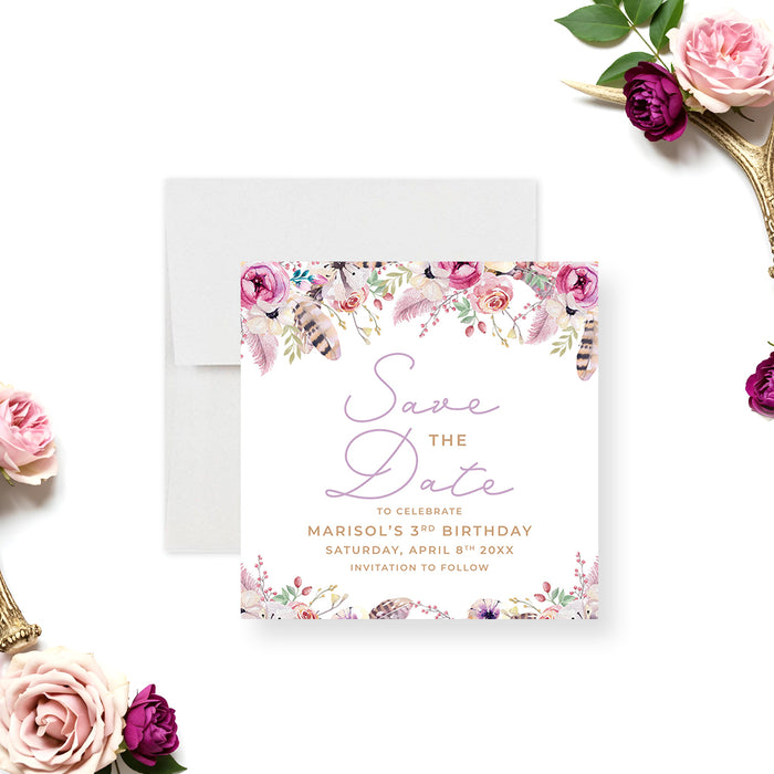 Boho floral save the date card featuring pastel flowers, feathers, and botanical elements for girls’ milestone birthday celebrations-front