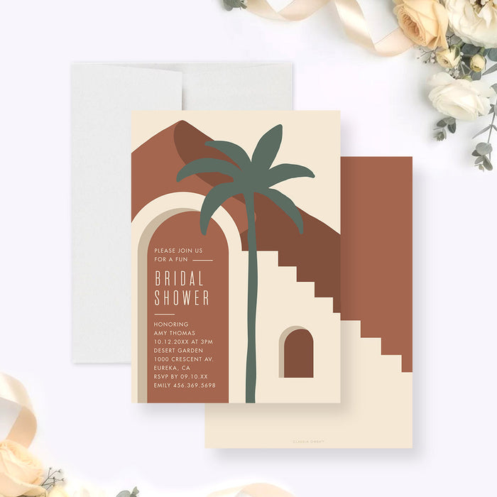 Modern boho bridal shower invitation with abstract desert architecture, palm tree, terracotta and neutral colors, and personalized event details-front-back