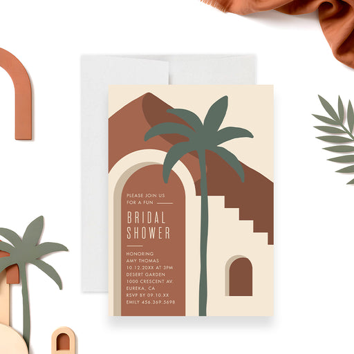 Modern boho bridal shower invitation with abstract desert architecture, palm tree, terracotta and neutral colors, and personalized event details-front