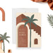 Modern boho bridal shower invitation with abstract desert architecture, palm tree, terracotta and neutral colors, and personalized event details-front