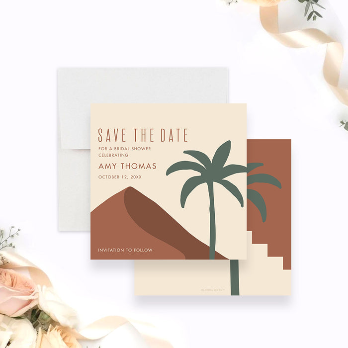 Boho bridal shower save the date card with terracotta desert hills, green palm tree, bride’s name and event date-front-back