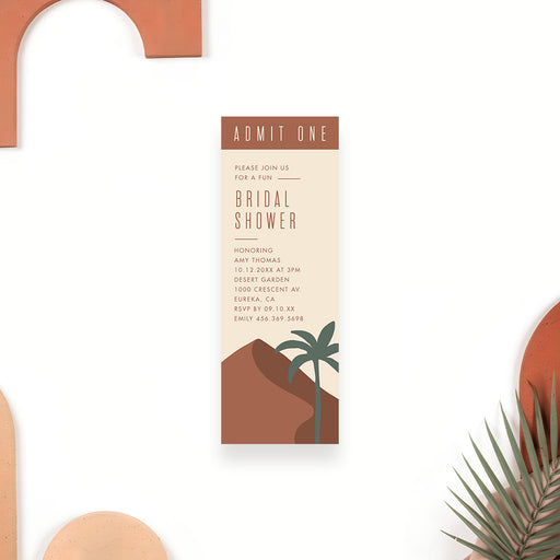 Boho bridal shower ticket invitation with terracotta Admit One header, abstract desert hills, green palm tree and personalized event details
