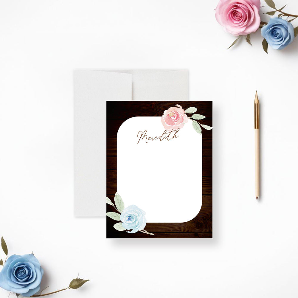 Boho Chic Note Card with Flowers and Wooden Frame, Rustic Floral Stati