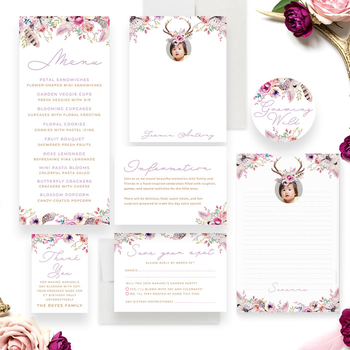 Boho Floral Birthday Invitation Girls Antler Photo Party Invite