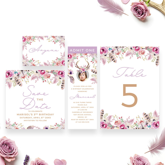 Boho Floral Birthday Invitation Girls Antler Photo Party Invite