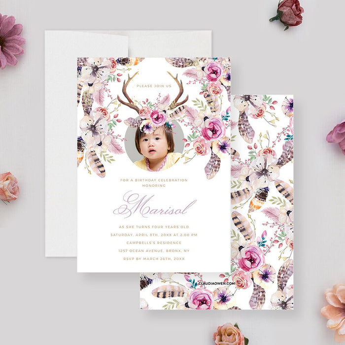 Boho Floral Birthday Invitation Template Girls Antler Photo Invite