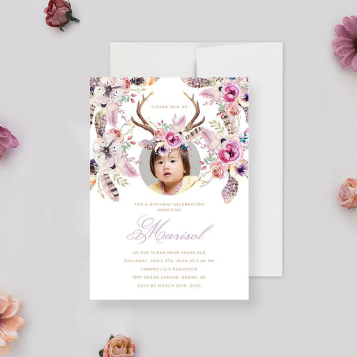 Boho floral birthday invitation template with antlers and photo for girls party, perfect editable invite for baby shower or 1st birthday