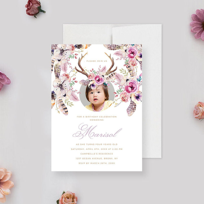 Boho Floral Birthday Invitation Template Girls Antler Photo Invite