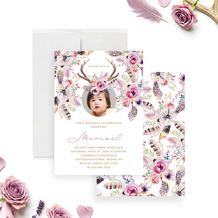 Boho floral birthday invitation featuring your child’s photo with antlers and flower crown for kids’ 1st, 2nd, 3rd, or 4th birthday parties-front-back