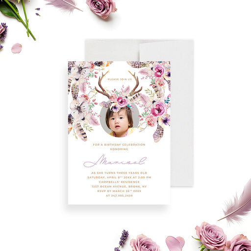 Boho floral birthday invitation featuring your child’s photo with antlers and flower crown for kids’ 1st, 2nd, 3rd, or 4th birthday parties-front