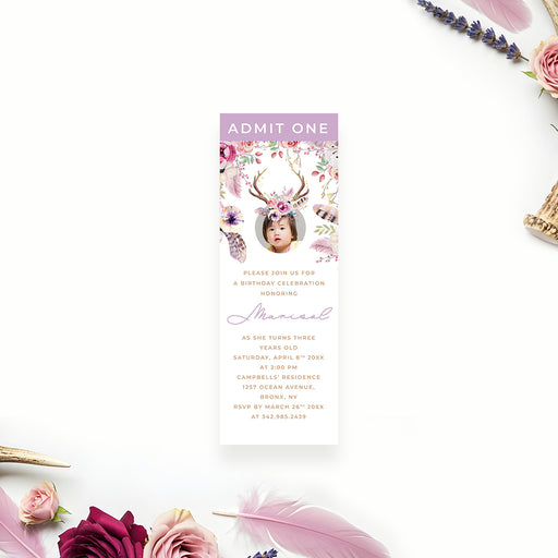 Boho floral ticket invitation with a child's photo featuring a flower crown and antlers, admit one design personalized for kids' birthday parties.