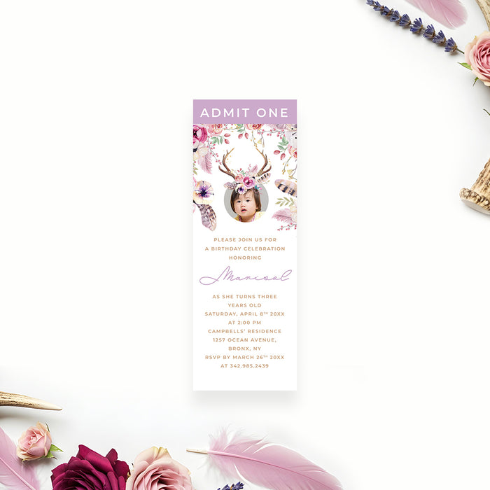 Boho floral ticket invitation with a child's photo featuring a flower crown and antlers, admit one design personalized for kids' birthday parties.