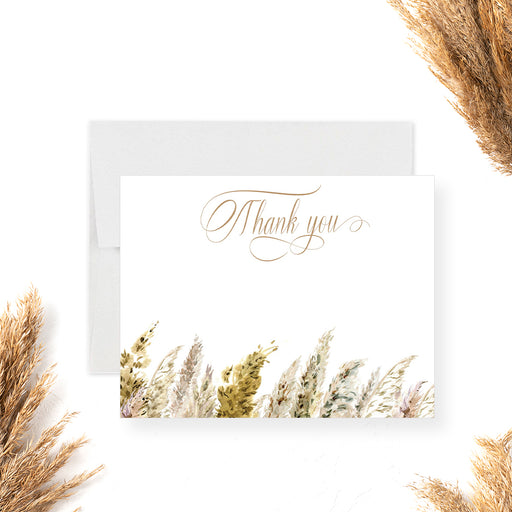 Boho thank you note card with pampas grass design, perfect for rustic weddings, bridal showers, or country chic celebrations.

