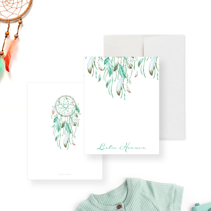 Dreamcatcher Note Card with Mint Green Tribal Feathers, Personalized Boho Baby Shower Thank You Card