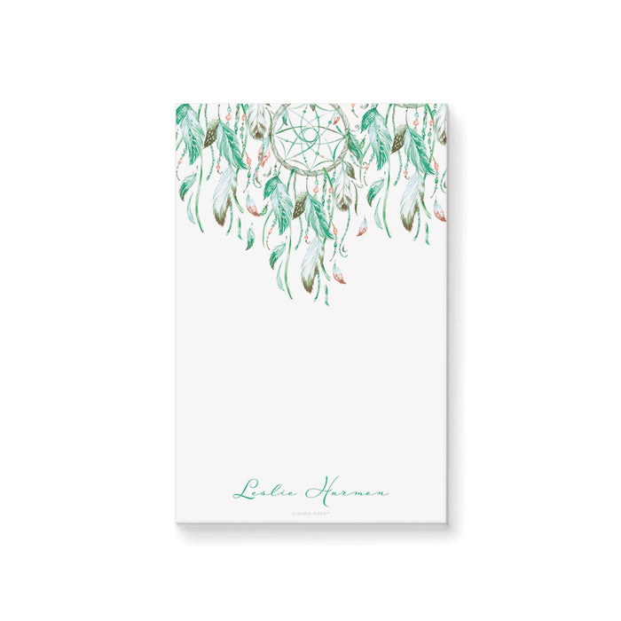 Dreamcatcher Notepad with Mint Green Tribal Feathers, Personalized Gift for Boho Lovers, Enchanting Bohemian Stationery Pad