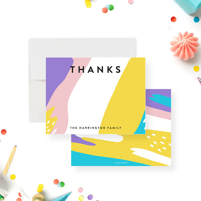 Personalized abstract thank you cards with yellow, pink, purple and teal shapes around the white writing area and on the reverse.