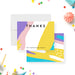 Personalized abstract thank you cards with yellow, pink, purple and teal shapes around the white writing area and on the reverse.