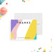 Personalized abstract thank you cards with yellow, pink, purple and teal shapes around the white writing area and on the reverse.