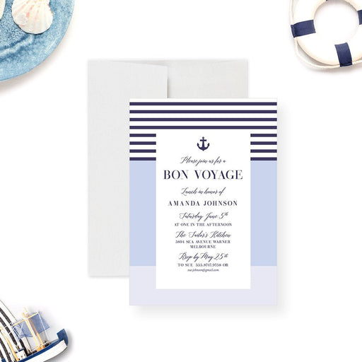 nautical bon voyage invitation with navy stripe border and anchor design for a farewell lunch-front